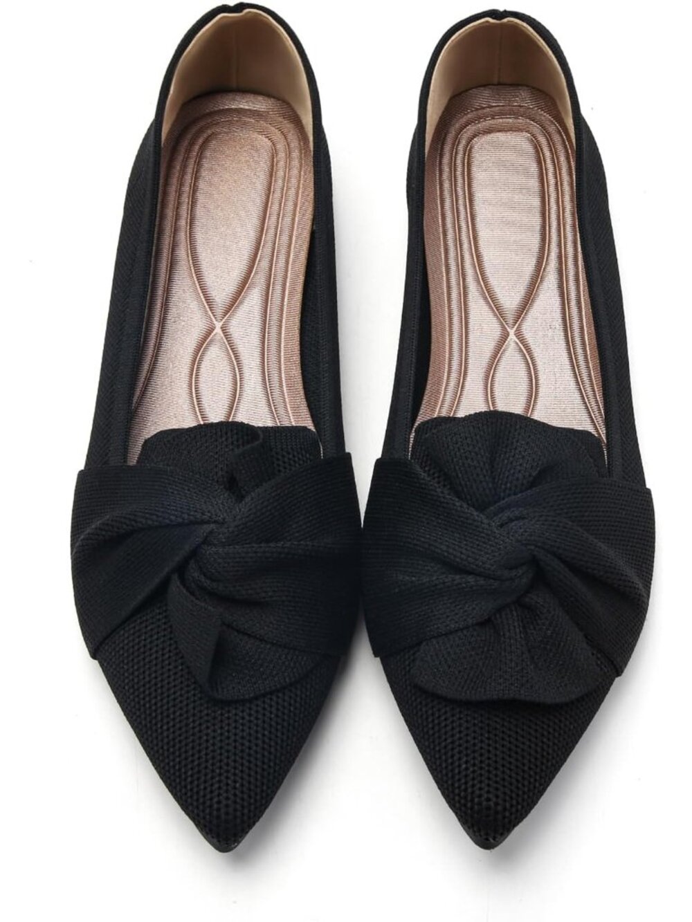 Women's Black Pointed Toe Ballet Flats With Bow Comfortable Knit Dress Shoes